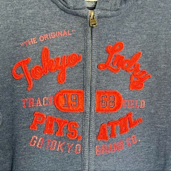 Tokyo Laundry Hoodie Navy Blue size L Embroidered Red Logo Red cuffed wrists hem - Picture 3 of 8